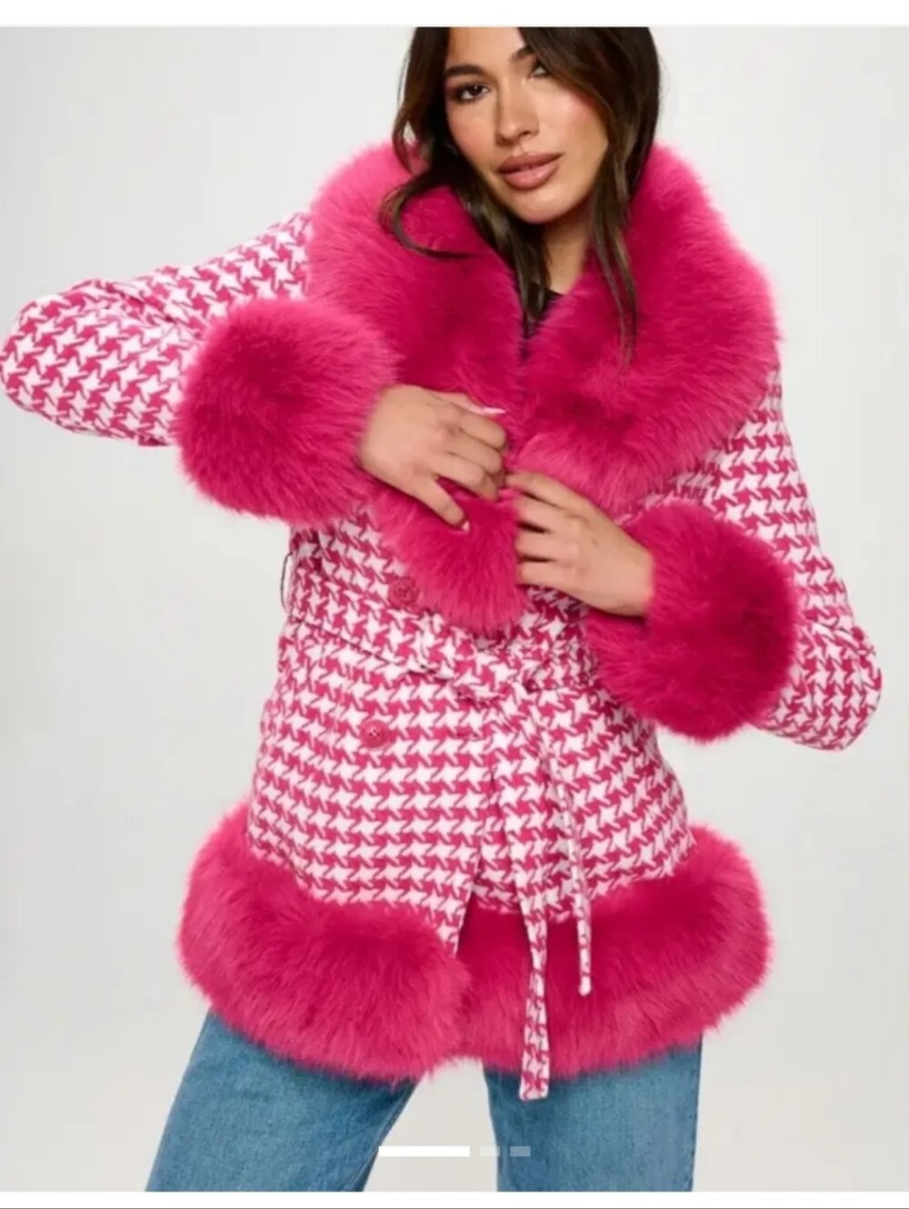 NWTs - Coalitio LA Pink Houndstooth Coat with Faux Fur Trim